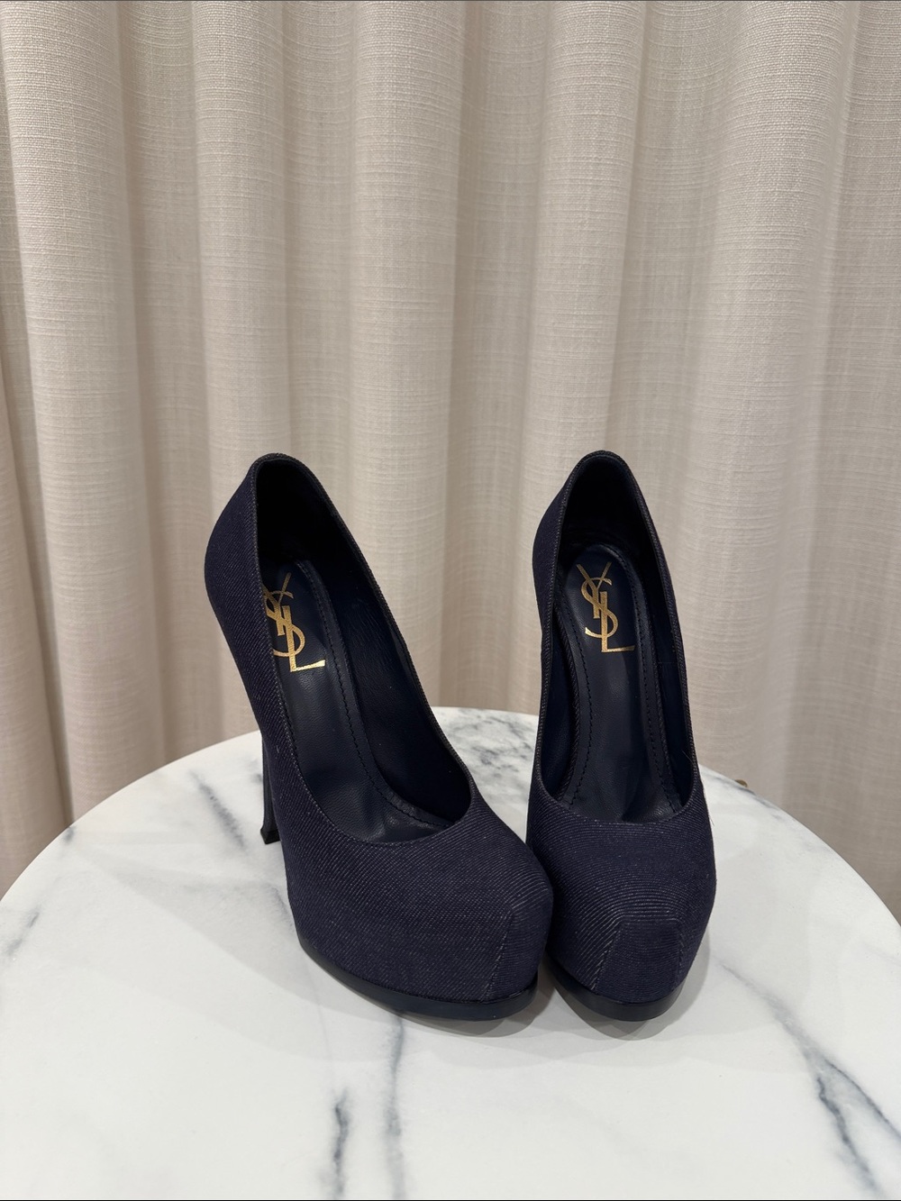 Saint Laurent Tribtoo Blue Denim Platform Pumps